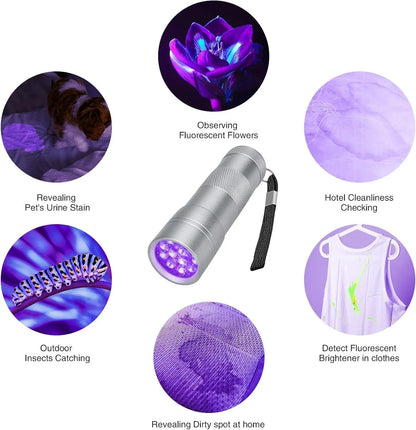 Black aluminium alloy UV flashlight torch for detecting pet urine stains and bed bugs.