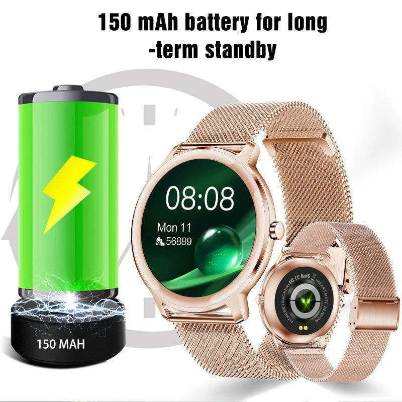 Women's rose gold smart watch with stainless steel mesh band on wrist, showing time on 1.3 inch screen
