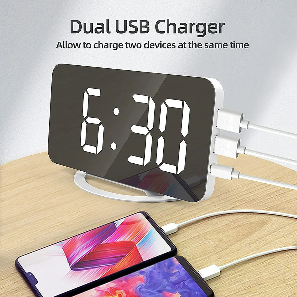 Digital Mirror Clock with adjustable LED display and dual USB ports