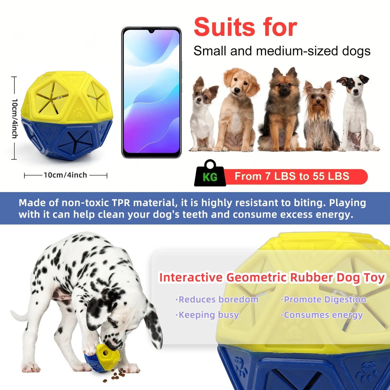 Blue and red hollow dog toy ball designed for interactive treat dispensing and bite-resistant play.