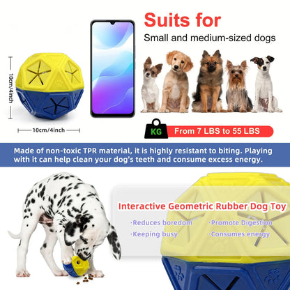 Blue and red hollow dog toy ball designed for interactive treat dispensing and bite-resistant play.