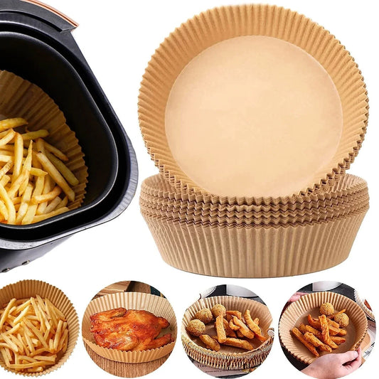 Disposable air fryer liners made from high-quality parchment paper, designed to keep your air fryer clean and your meals healthy