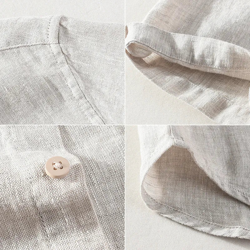 Men's linen short sleeve shirt with square collar in grey or raw jute colour