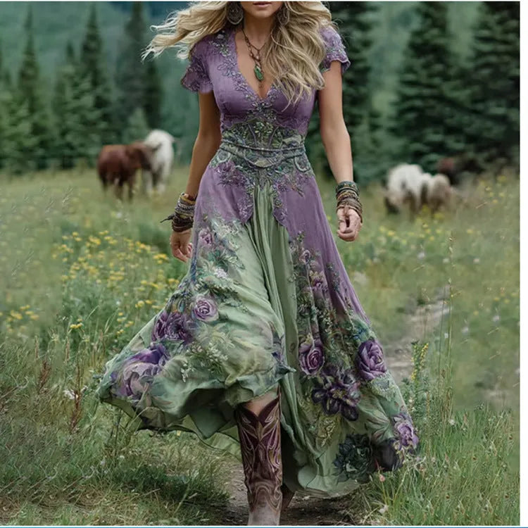 Women's loose fit deep V-neck short sleeve dress with creative pattern totem design in artistic retro style