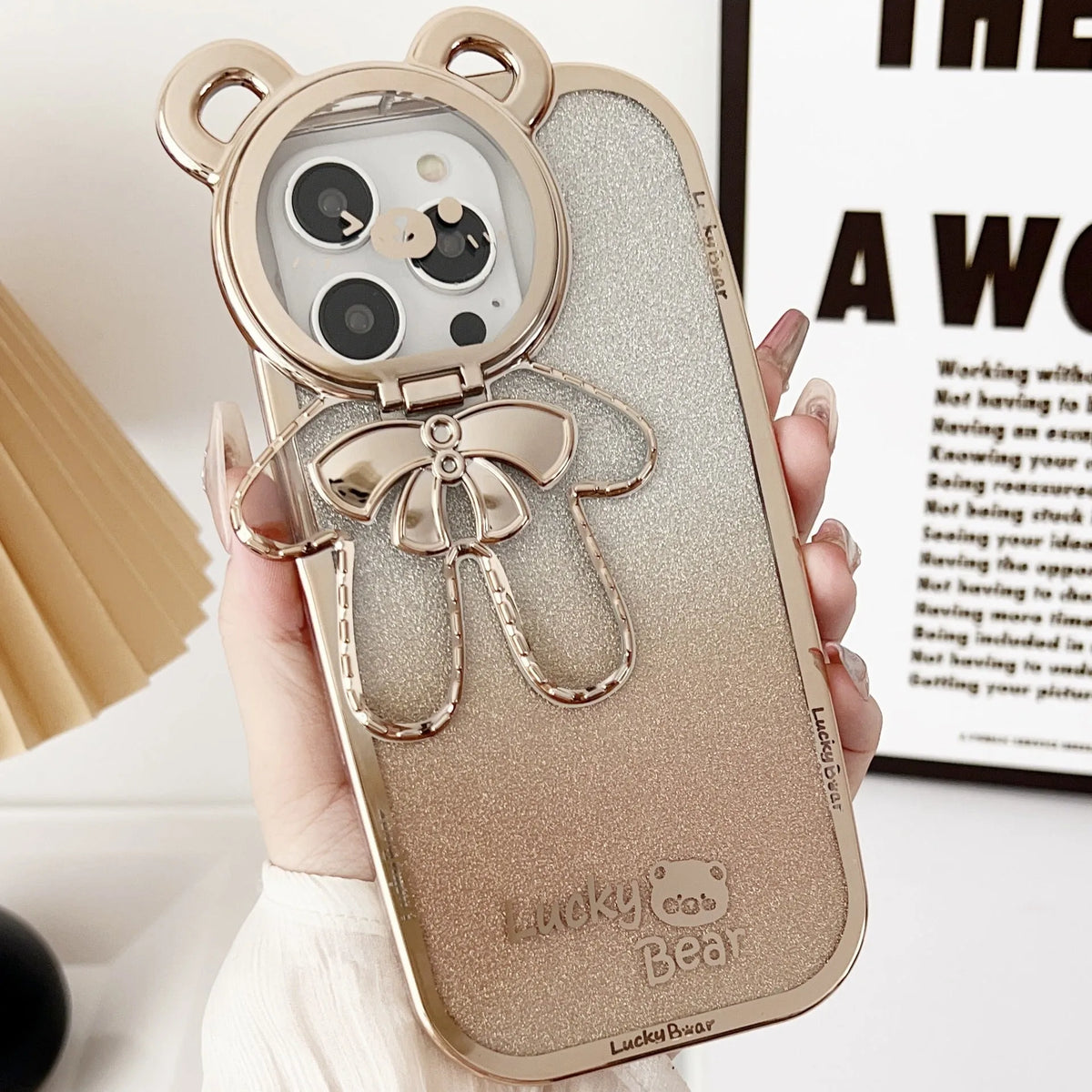 Electroplating glitter phone case with lucky bear bracket and crossbody bag element in Dark Night Purple, Gold or Pink