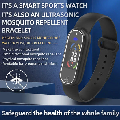 Portable ultrasonic mosquito repellent bracelet in black and white colors, featuring sleek design and USB charging capabilities.