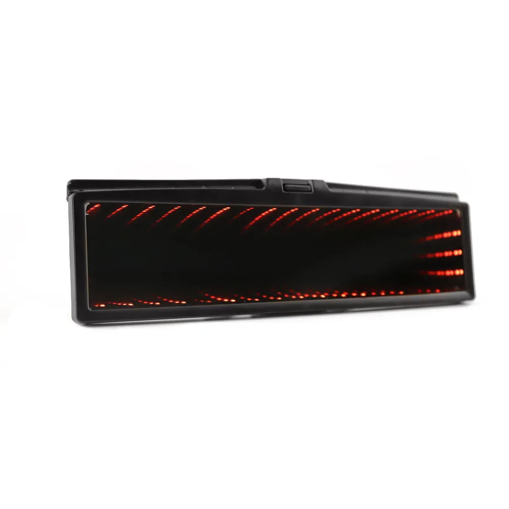 280mm wide flat car rearview mirror with anti-glare coating and coloured LED lighting frame in blue.