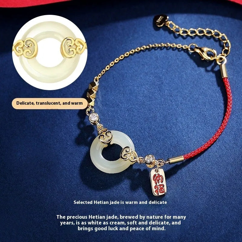 Chinese Style Hetian Jade Gourd Bracelet Sterling Silver 925 Women's Set with Necklace and Earrings, Fu Lu Shou Symbolism Gift for Anniversary Celebration, Peace Buckle Closure