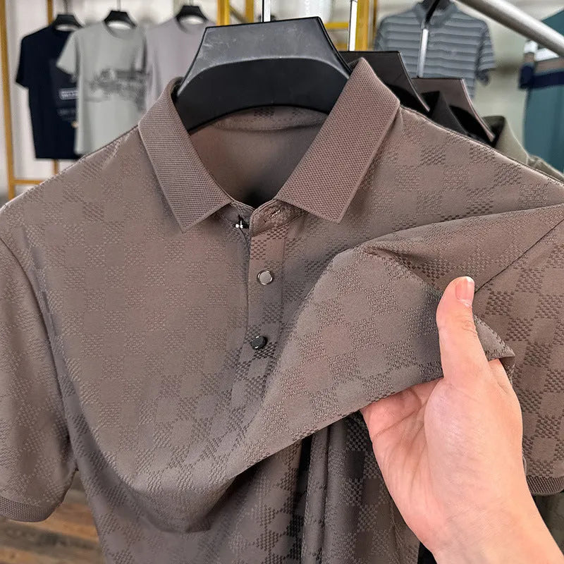 Rhombus thin ice silk short sleeve t-shirt in black with slit detail, showing stretchy fabric and fit