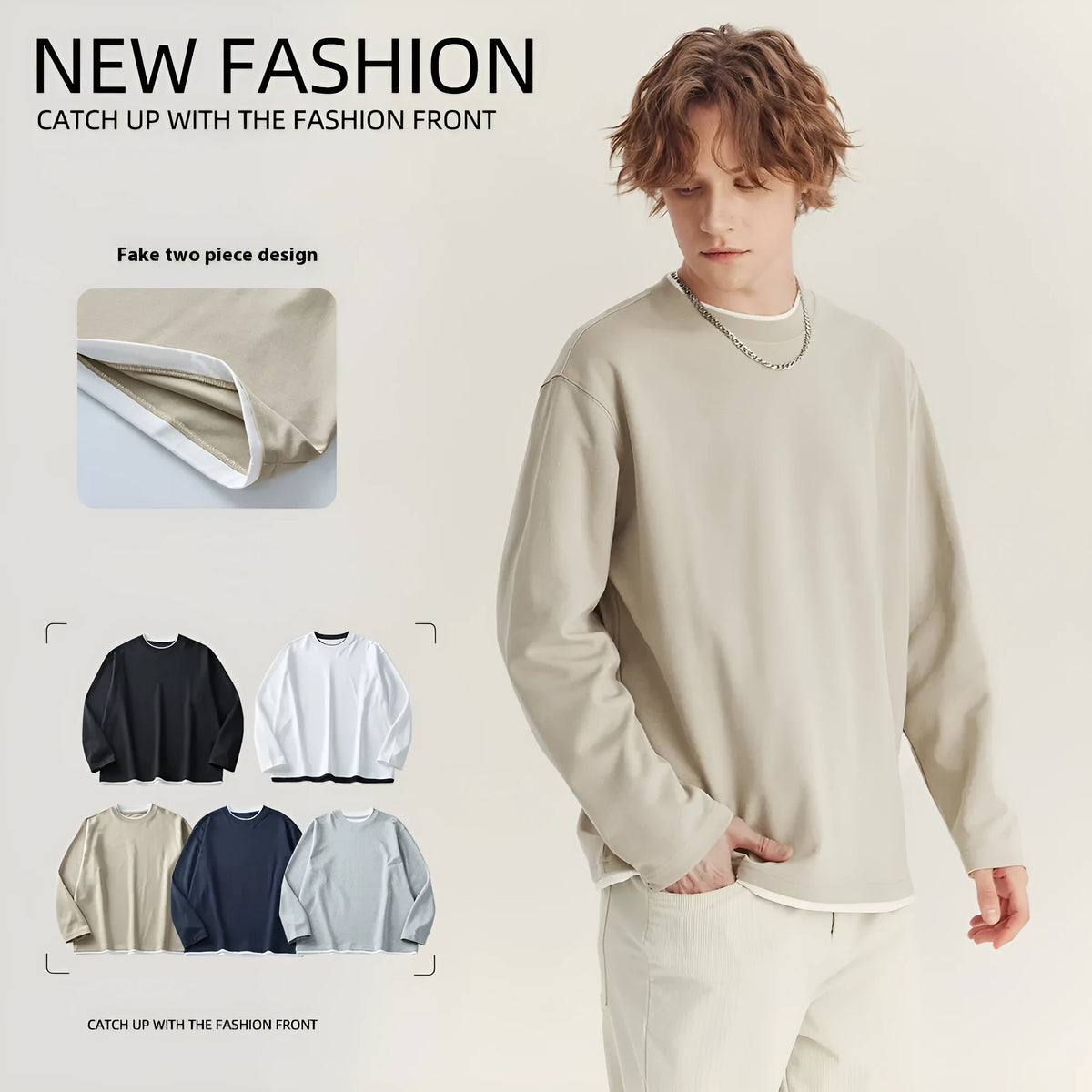 Men's loose long-sleeved cotton blend t-shirt in black, round neck, casual style.