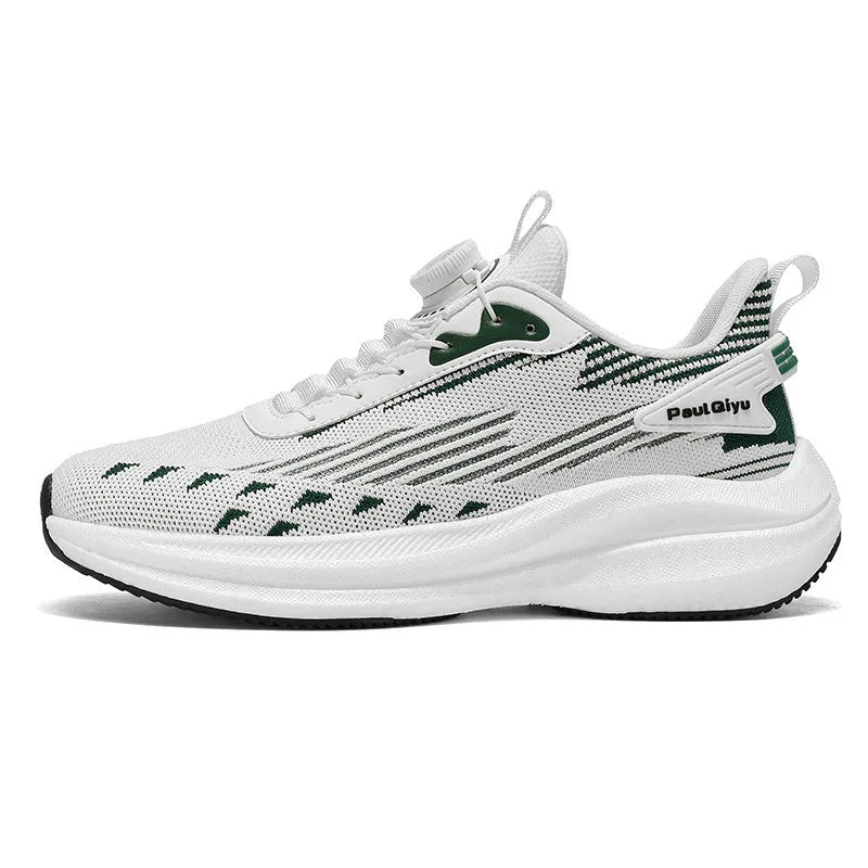 Men's white-green and grey rotating buckle Fly-kit mesh casual sports running shoes on a flat TPU sole.