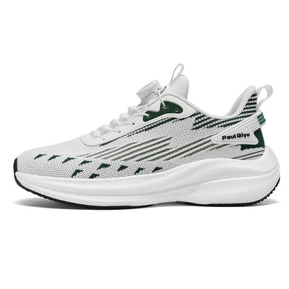 Men's white-green and grey rotating buckle Fly-kit mesh casual sports running shoes on a flat TPU sole.