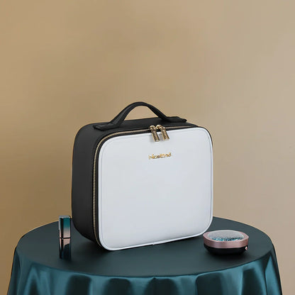 Large cosmetics bag with LED mirror light in black, measuring 26cm wide with USB charger
