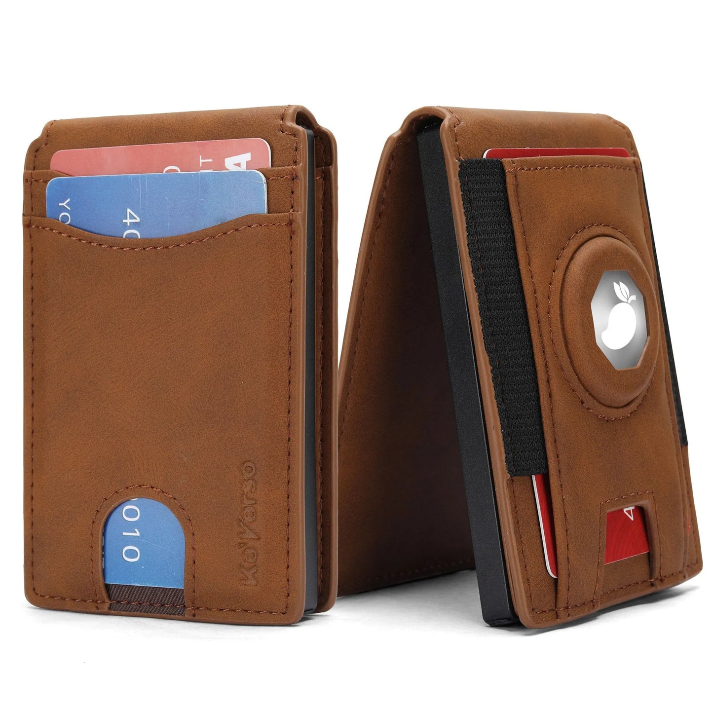 Slim men's synthetic leather card holder wallet shown in black, dark brown, and light brown.
