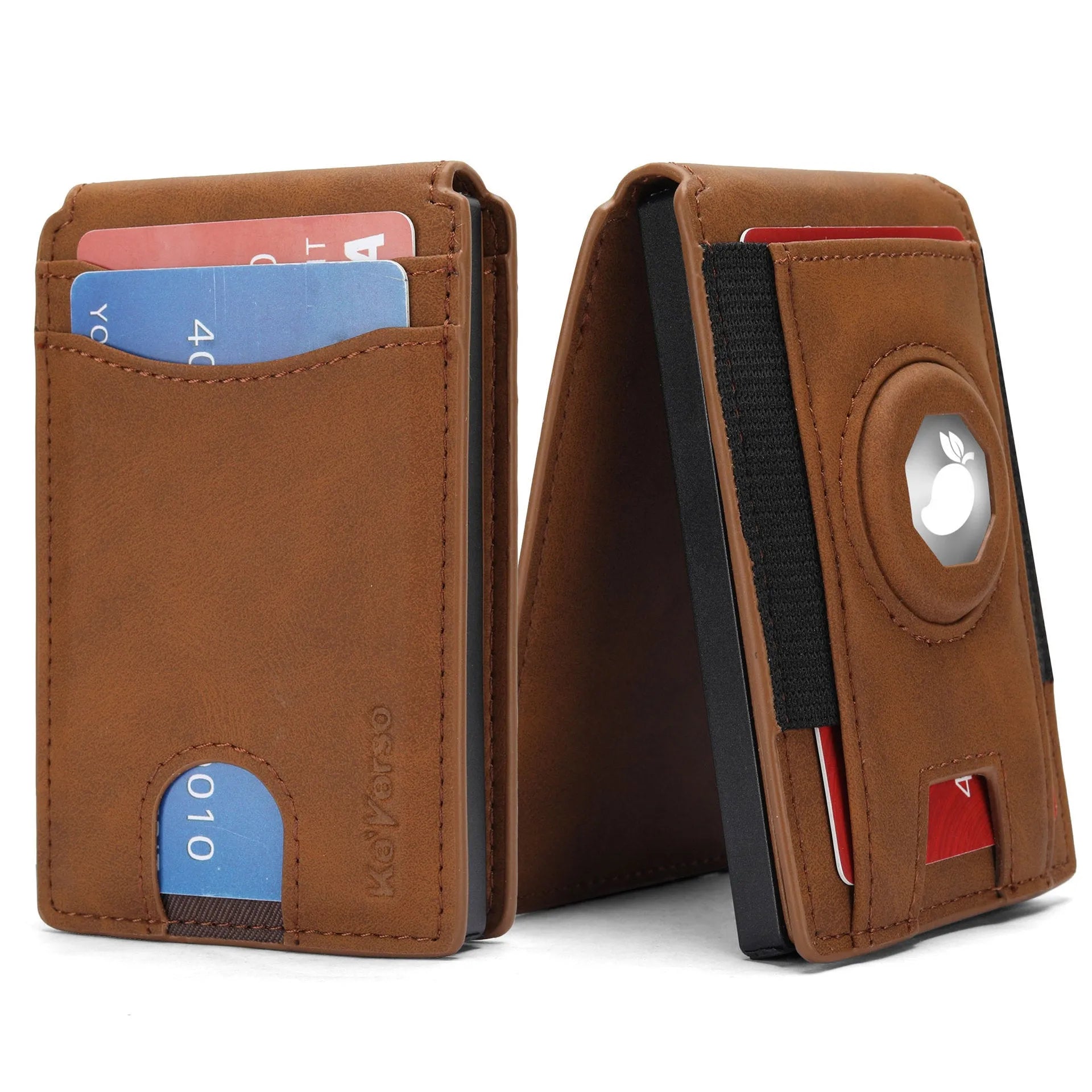 Slim men's synthetic leather card holder wallet shown in black, dark brown, and light brown.