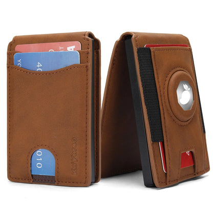 Slim men's synthetic leather card holder wallet shown in black, dark brown, and light brown.