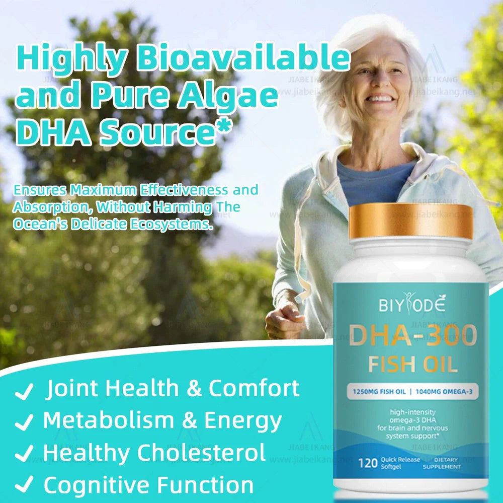 DHA-300 Omega-3 Fish Oil Softgel Capsules bottle containing 120 capsules for joint and immune support