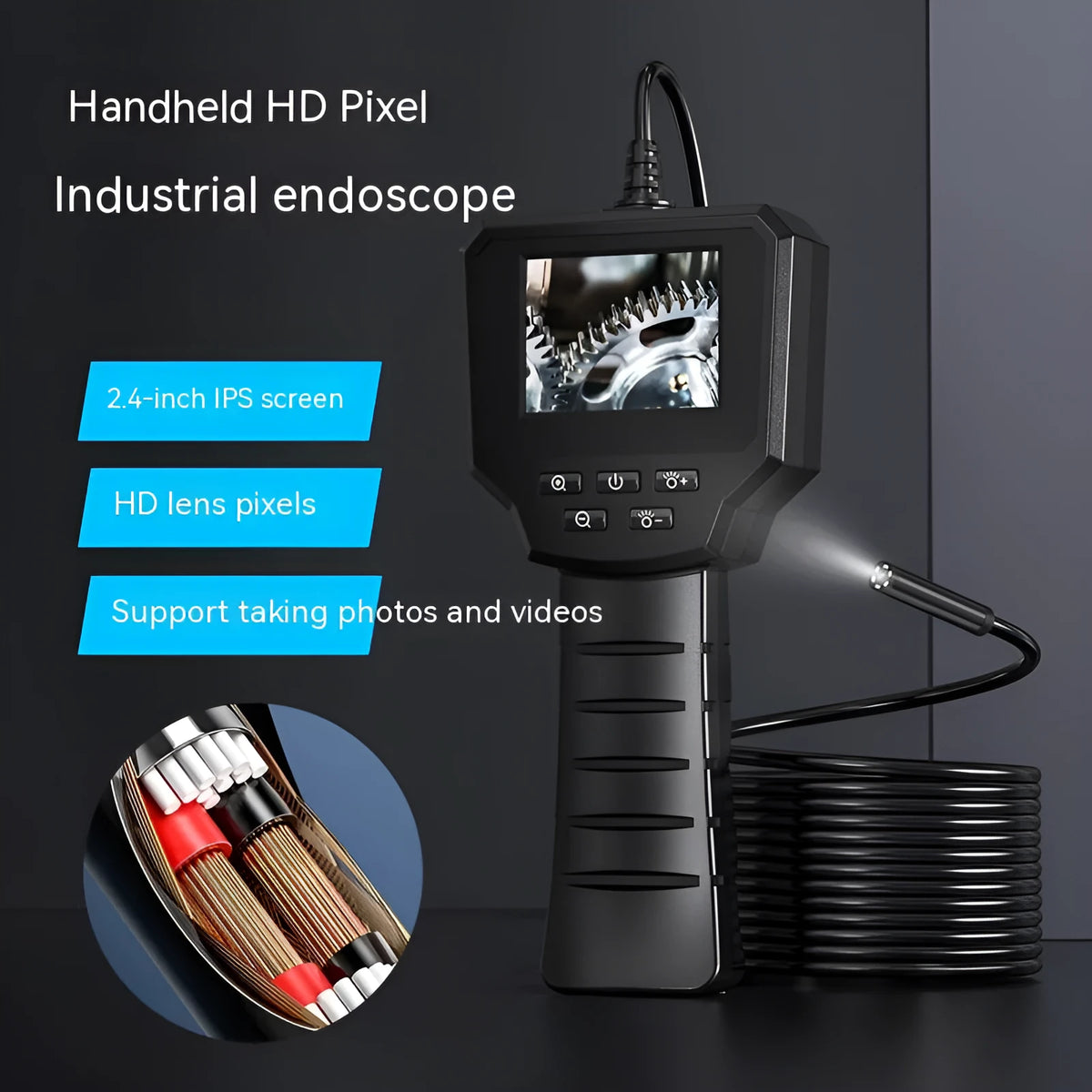 Waterproof endoscope inspection camera with a small 8mm probe and a long hard wire cable.