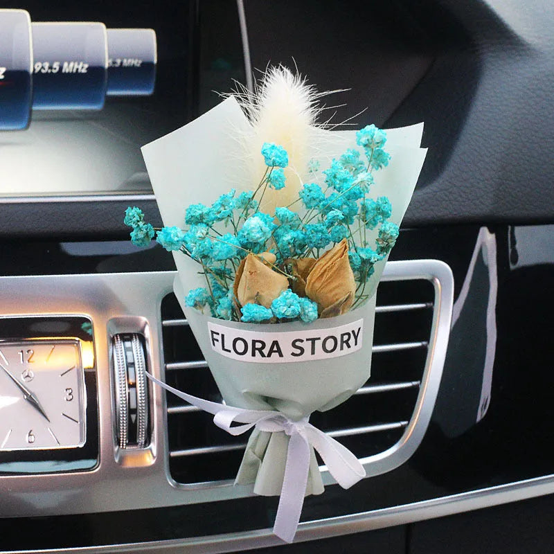 Dried flower car air freshener set with colourful bouquet and fragrance strips for air conditioning vents