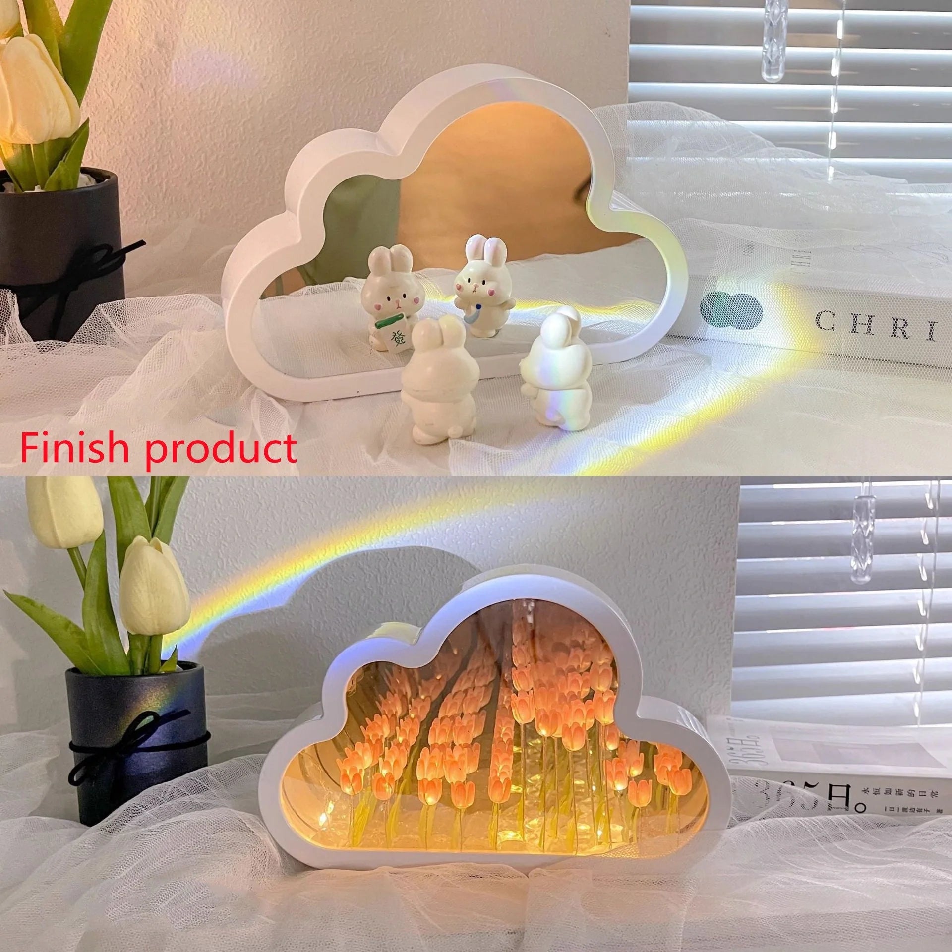 DIY Tulip Night Lamp with decorative mirrors and LED lighting in pink, purple, and blue