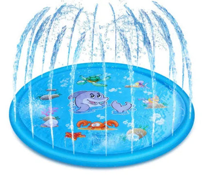 Blue PVC children's water spray play mat with marine animal prints measuring 100cm by 170cm