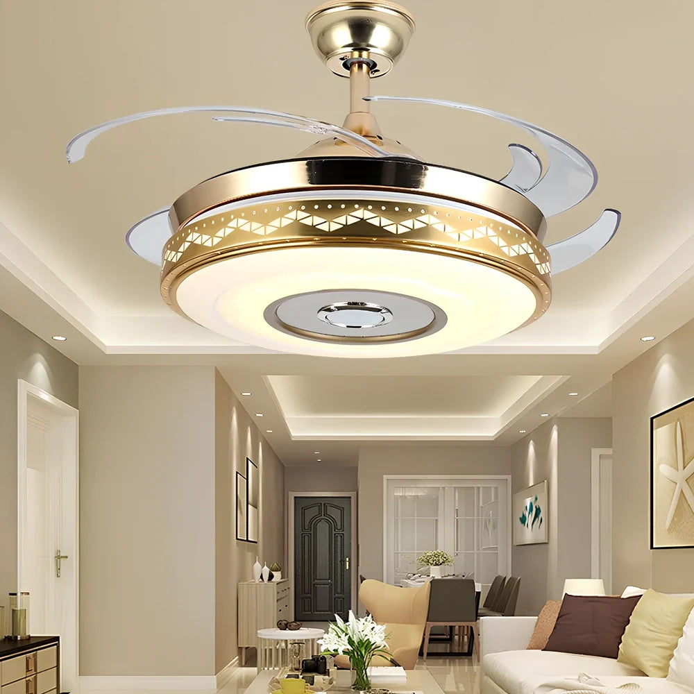 42-inch acrylic ceiling fan light in European style with Bluetooth music and gold three-tone LED, iron frame for living room installation
