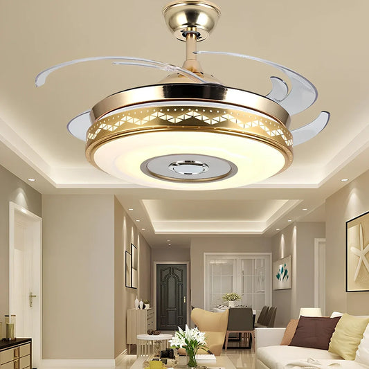 42-inch acrylic ceiling fan light in European style with Bluetooth music and gold three-tone LED, iron frame for living room installation