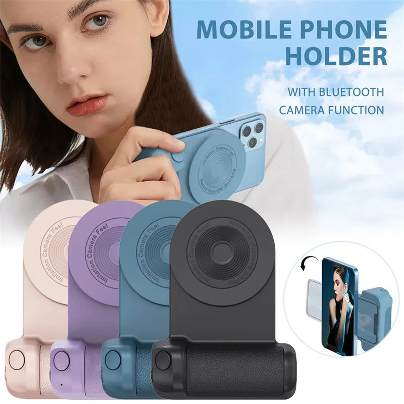 Magnetic camera handle phone holder bracket with rotatable design and ergonomic PU leather grip, 11.2 x 8.3 x 3.5 cm compact size, for stable handheld photography and video recording, available in black, dark blue, pink, and dark purple colours.