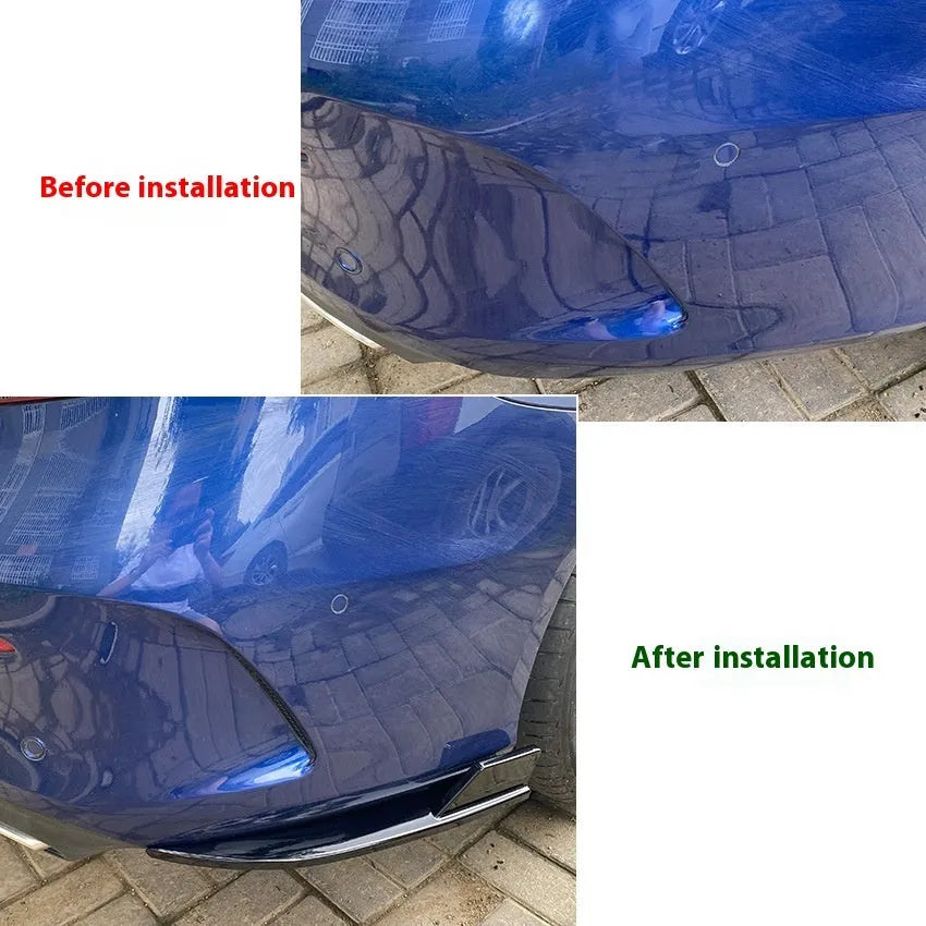 Car rear corner protectors in PP plastic, shown in piano black and carbon fibre pattern finishes