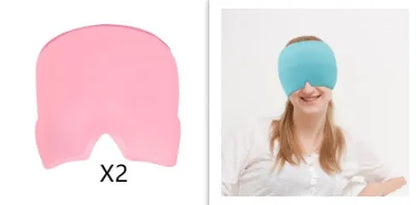 Black elastic cloth gel cold compress eye mask for headache relief on a grey background.