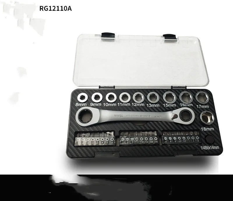 Dual-purpose ratchet wrench and screwdriver tool set with sockets and bit heads laid out