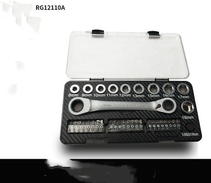 Dual-purpose ratchet wrench and screwdriver tool set with sockets and bit heads laid out