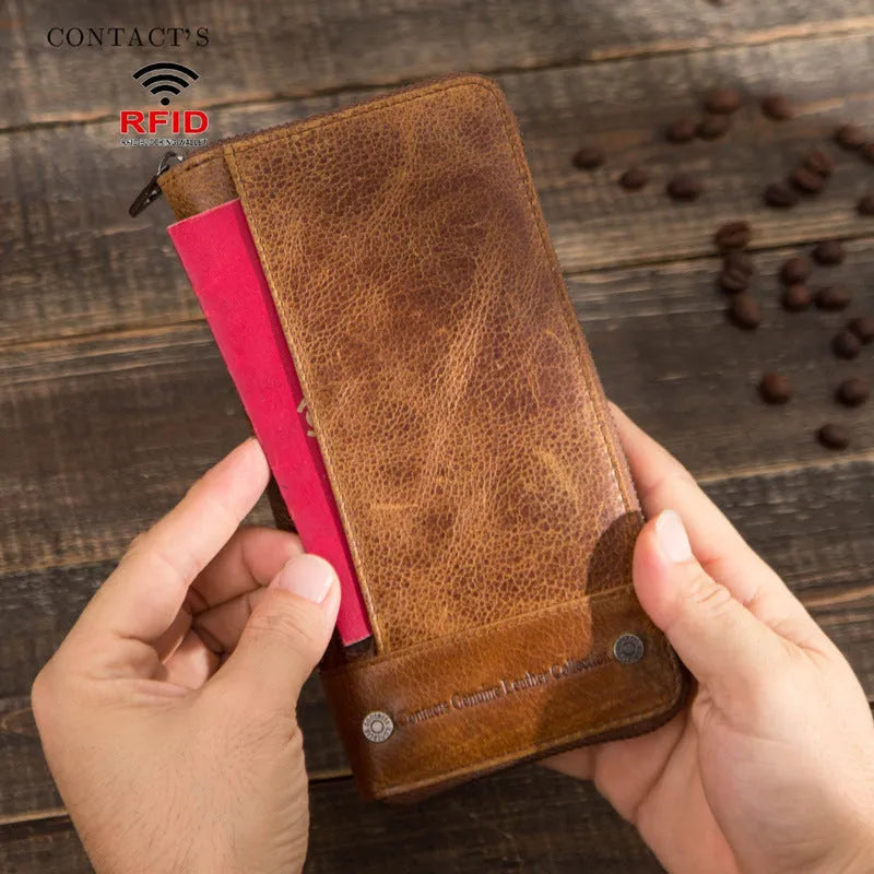 Men's genuine leather anti-theft card swiping wallet with zipper closure, crafted from first-layer cowhide with polyester lining, available in brown, coffee, dark blue, and wine red colour options