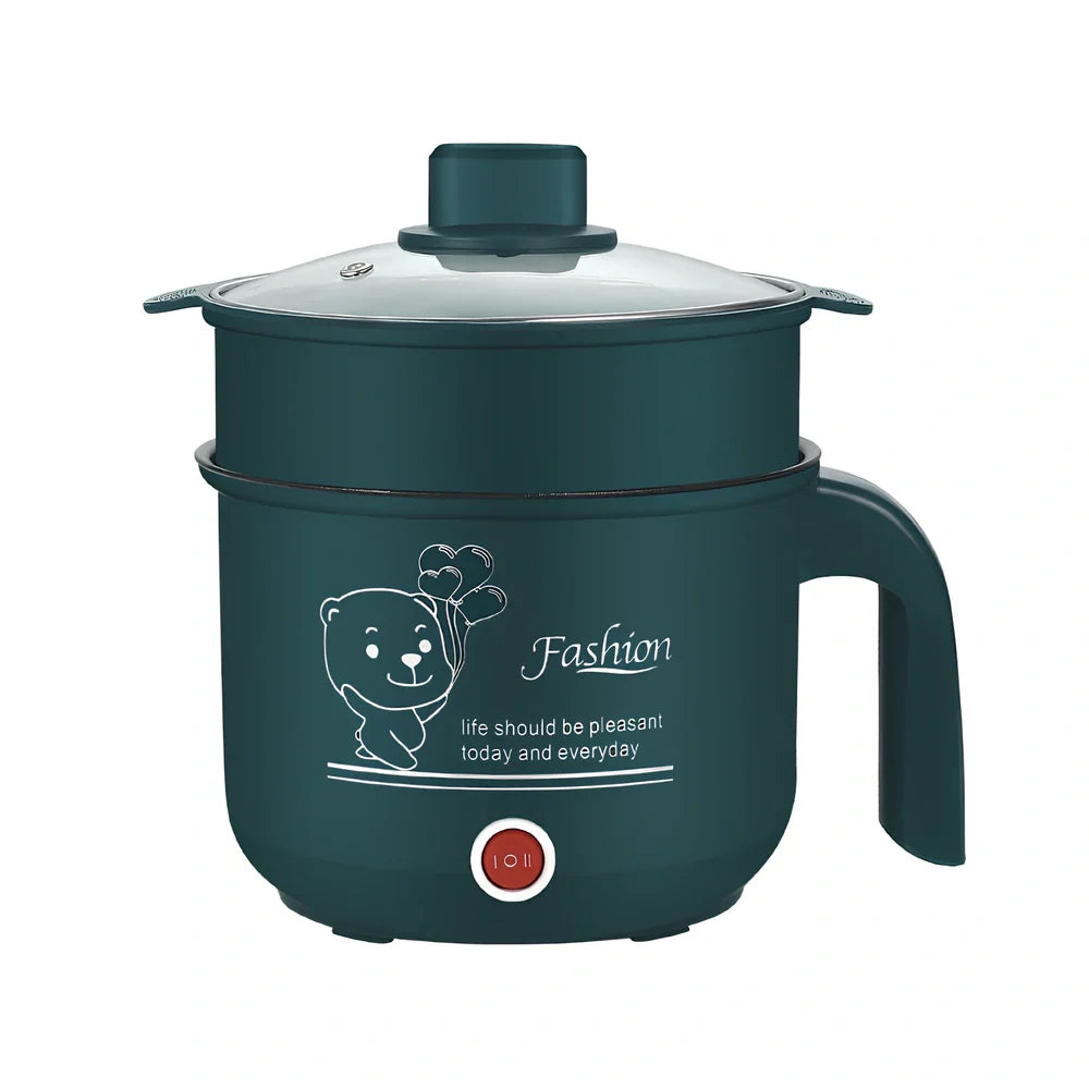 Emerald green electric cooker with stainless steel pot and dual-layer cooking capability