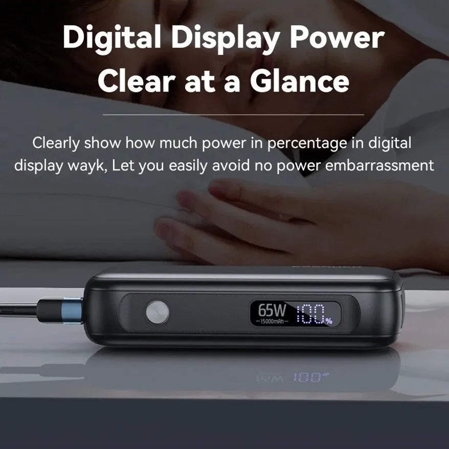 Black 15000mAh power bank with digital display, 65W Type-C output, 60W input, and USB-A port
