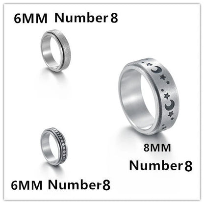 Titanium steel ring with intricate star and moon designs, available in various sizes and colors