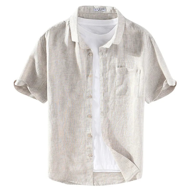 Men's linen short sleeve shirt with square collar in grey or raw jute colour