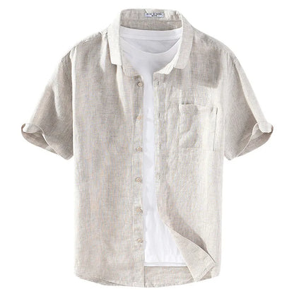 Men's linen short sleeve shirt with square collar in grey or raw jute colour