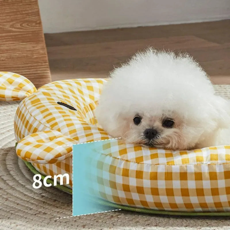 Green and yellow four-season cooling dog mat with waterproof underside in four sizes for small to medium pets