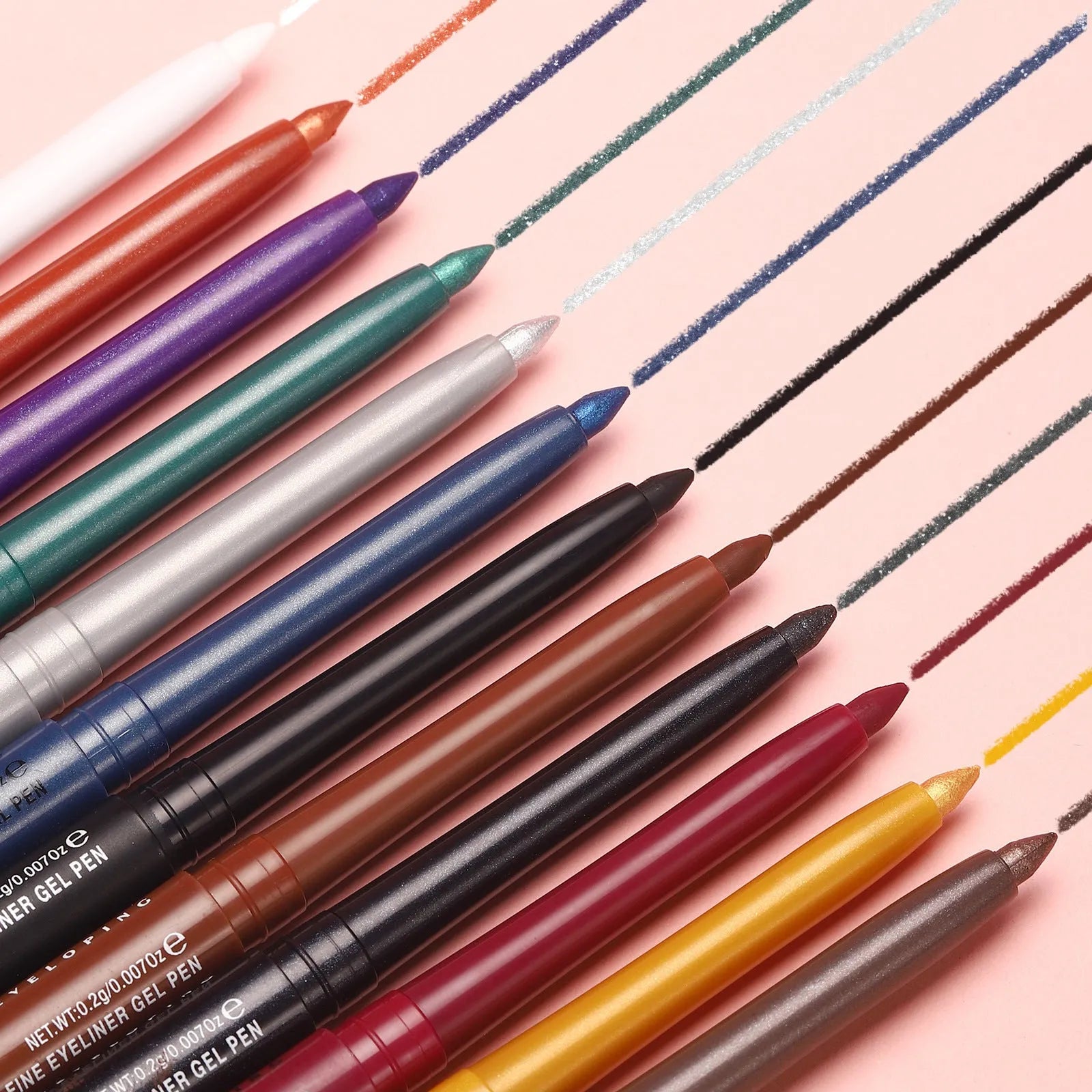 Set of 12 colourful gel glitter eyeliner pencils with matte metallic pearl finishes in waterproof smudgeproof formula