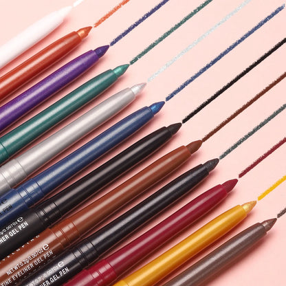 Set of 12 colourful gel glitter eyeliner pencils with matte metallic pearl finishes in waterproof smudgeproof formula
