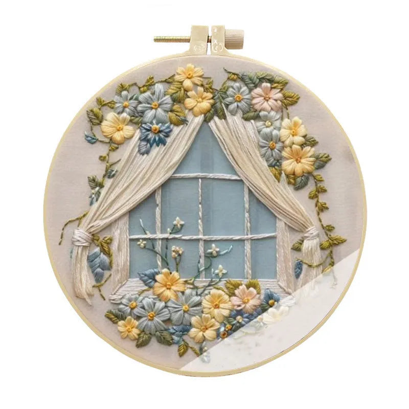 15cm embroidery kit with cartoon pattern on cotton linen fabric and bamboo frame