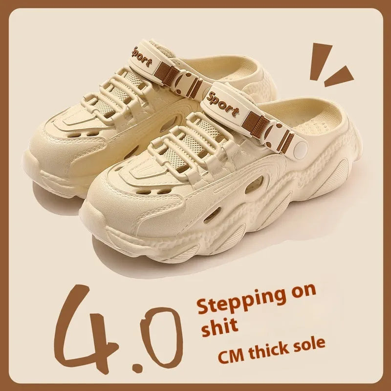 Men's khaki and black outdoor summer slippers with hollow-out breathable design and EVA soles