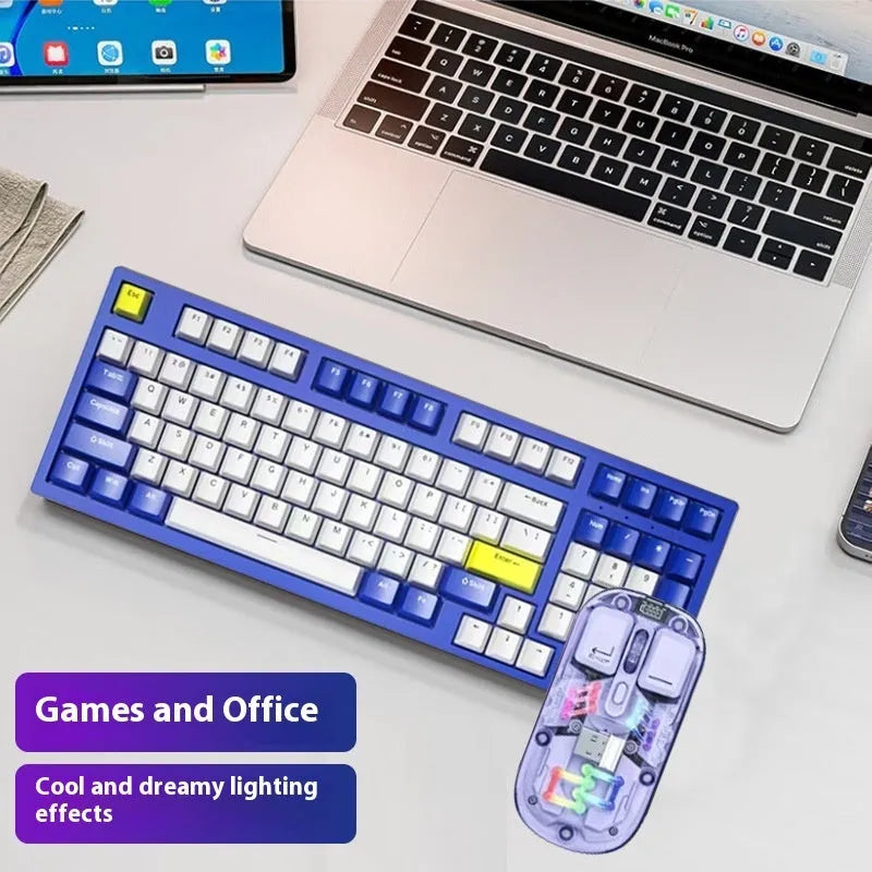 Mechanical keyboard and wireless mouse set in a chosen colour like beige gray or sky blue on a desk.
