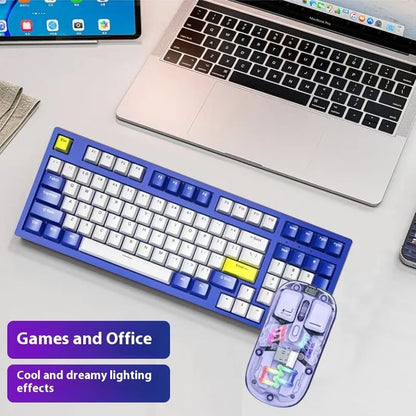 Mechanical keyboard and wireless mouse set in a chosen colour like beige gray or sky blue on a desk.