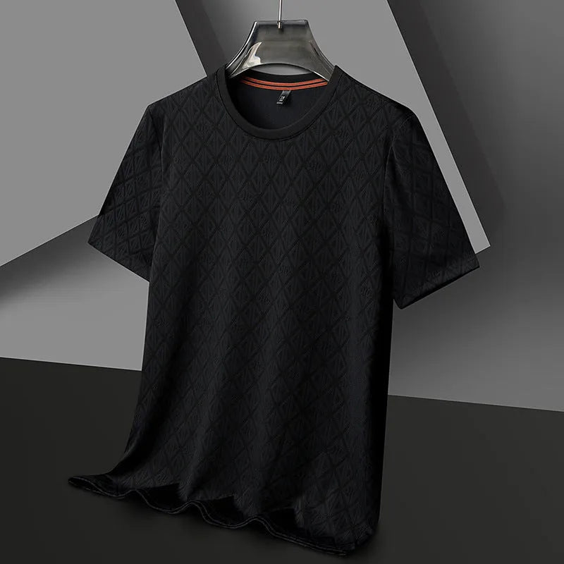 Men's loose fit round neck short sleeve t-shirt in ice silk fabric, shown in a solid colour.