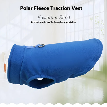 Thickened polar fleece dog waistcoat in solid colours red, black, blue, available in sizes S M L XL.