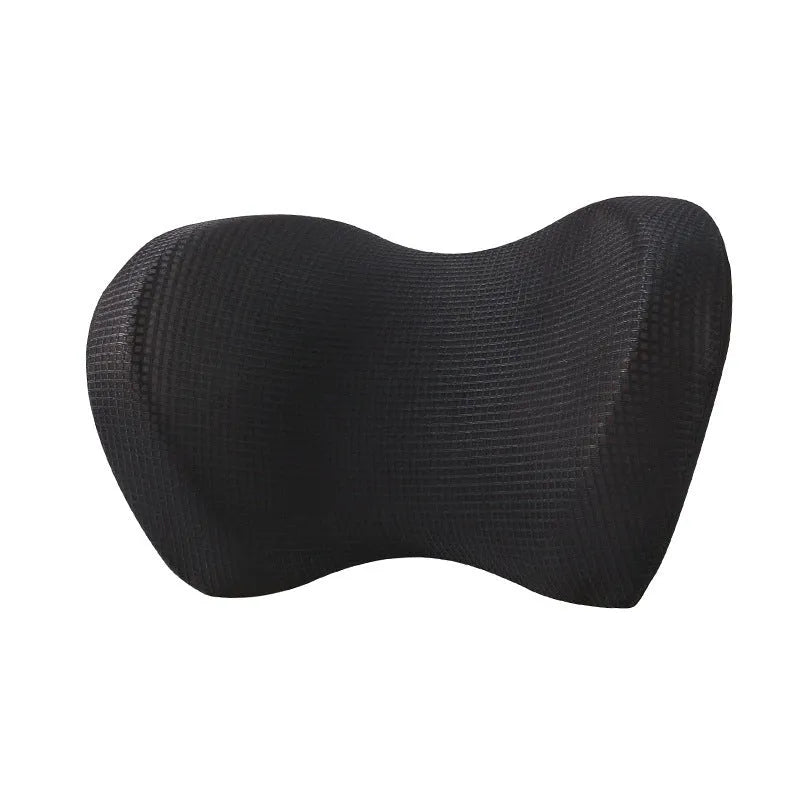 Car headrest pillow in ice silk and memory foam, 20x30x14cm, shown in black, beige, grey, blue, and red