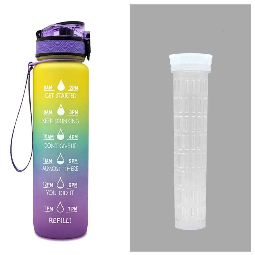 Blue and red gradient 1 litre Tritan sports water bottle with time markers and a flip-top lid.