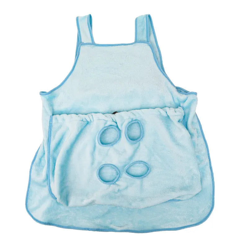 Beige plush pet carrier apron with adjustable neck strap and fresh air opening for small cat or dog